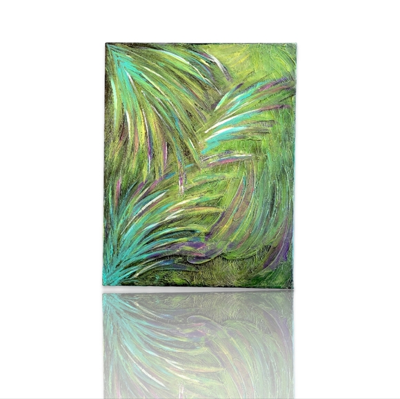 Original Acrylic Peacock Palm Feathers Abstract Painting Gallery Canvas 11x14 - Picture 1 of 14